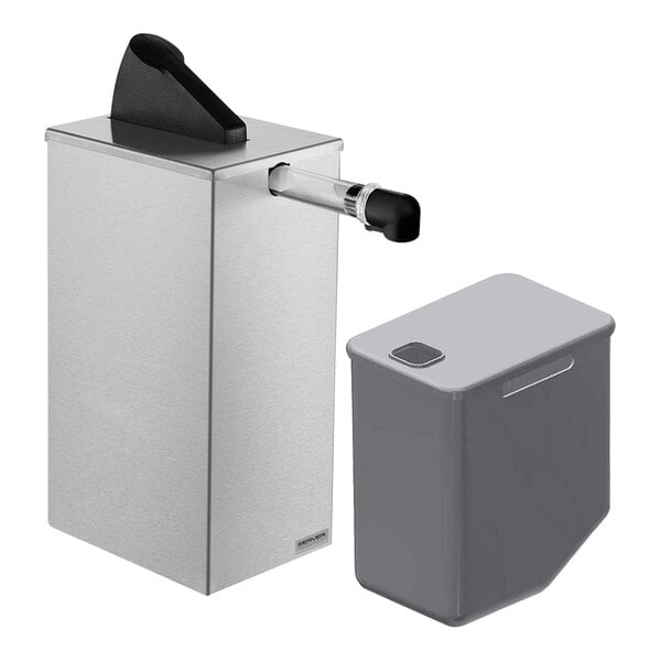 A grey rectangular Server Express countertop condiment dispenser with a black handle.