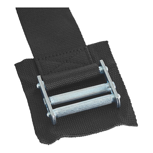 A black strap with a metal buckle on it.
