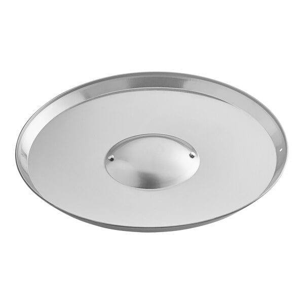 A stainless steel round lid with a hole.