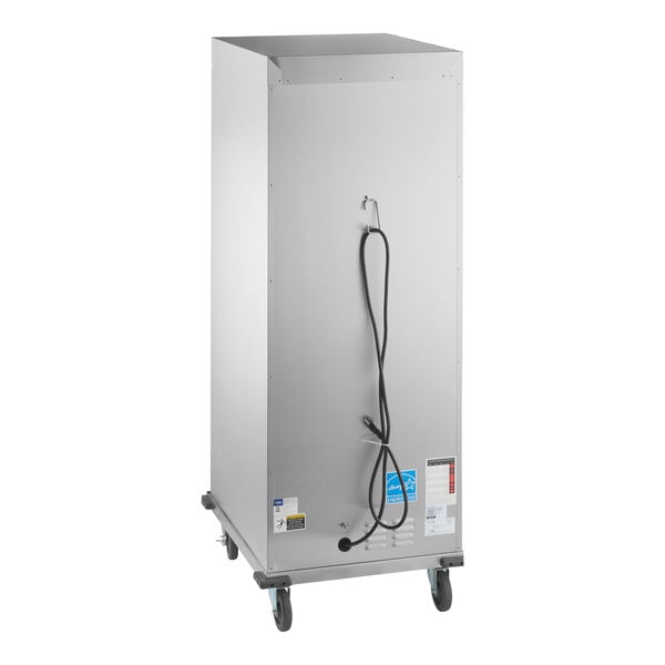 A full size vacuum-insulated heated holding and proofing cabinet with a clear door, shown on casters with an attached power cord.