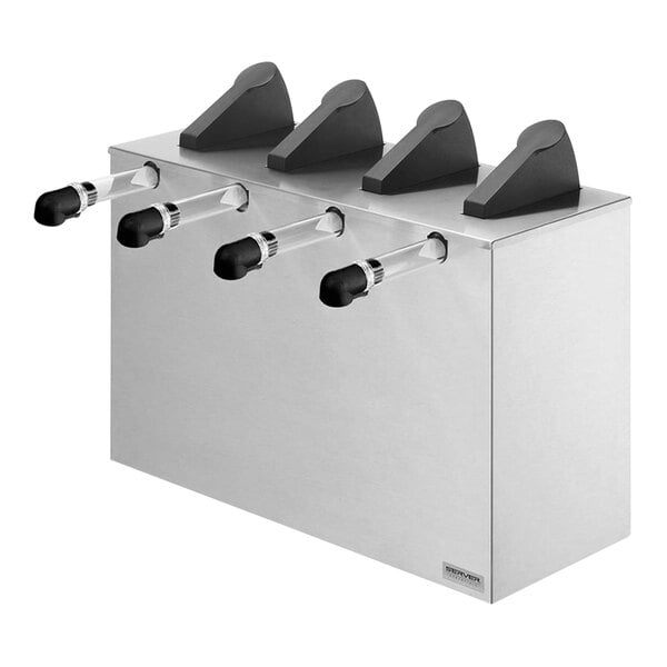 A silver stainless steel Server Express countertop condiment dispenser with black pumps.