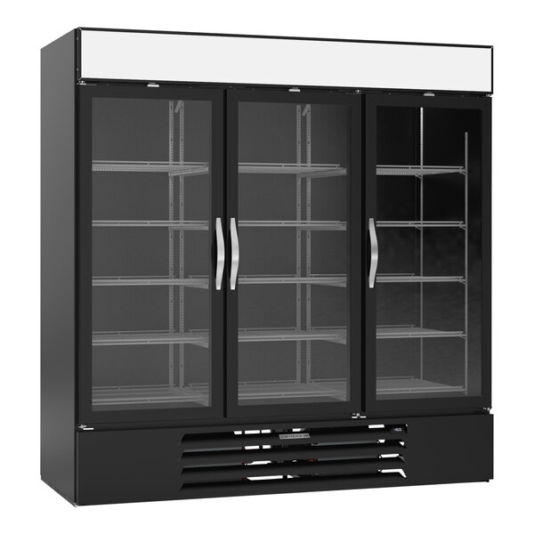A black Beverage-Air glass door merchandising freezer.