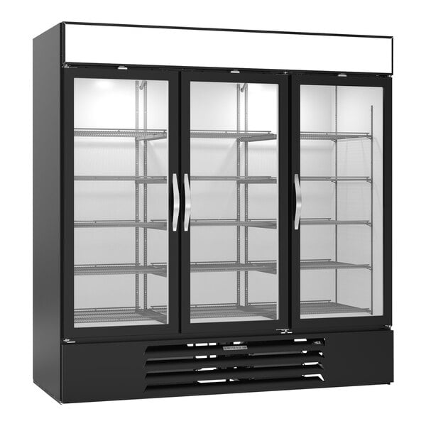 A black Beverage-Air glass door freezer with a white interior.
