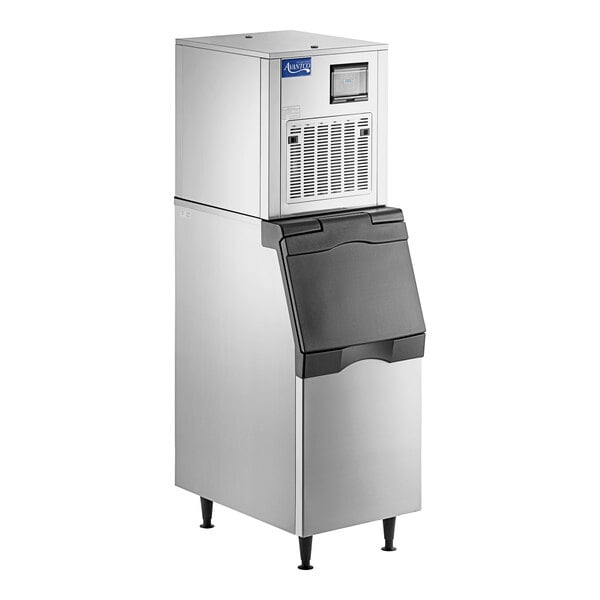An Avantco air cooled modular ice machine with a stainless steel cabinet and black lid.