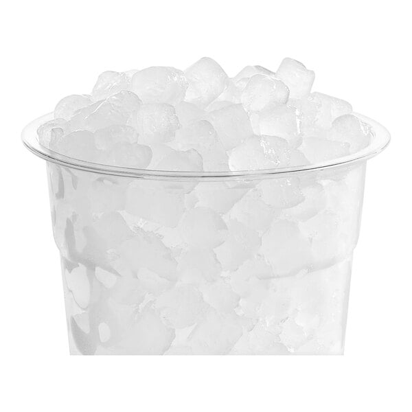 A clear plastic cup filled with Avantco nugget ice on a white background.