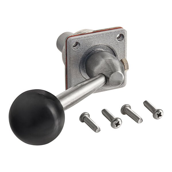 A metal knob with a black ball on the end and screws.