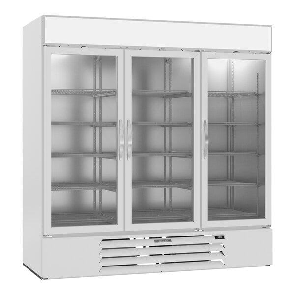 A white Beverage-Air glass door merchandising freezer.