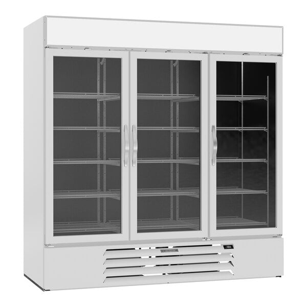 A white Beverage-Air glass door merchandising freezer.