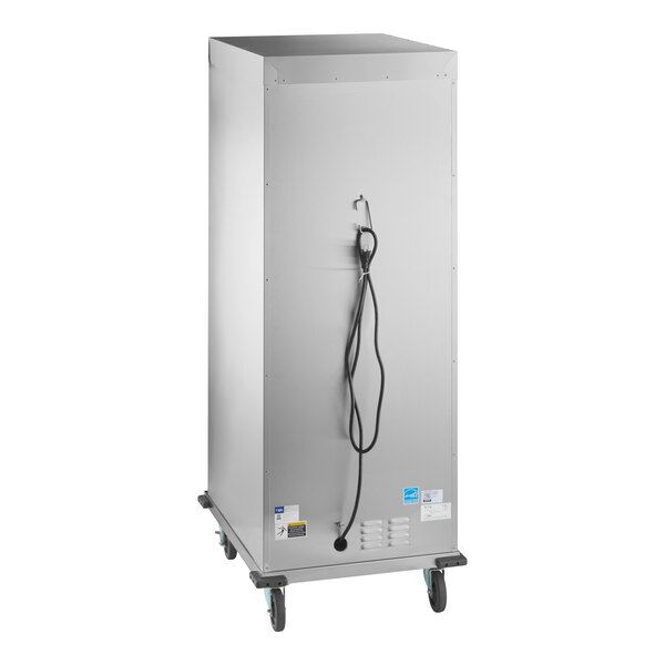 A full size insulated heated holding cabinet with a solid stainless steel door and caster wheels.