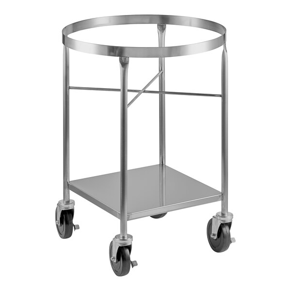 A stainless steel mixing bowl stand with locking casters.