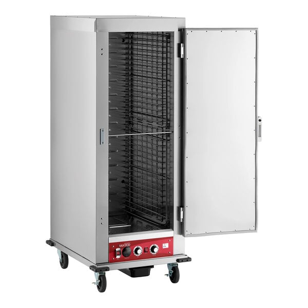 A full size insulated heated holding and proofing cabinet with a solid stainless steel door and control panel at the bottom.