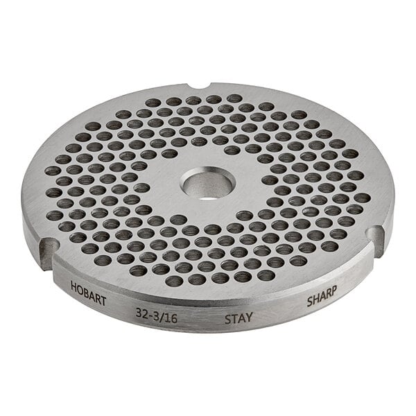 A stainless steel Hobart meat grinder plate with circular holes.