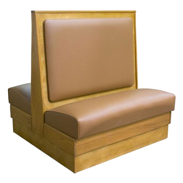 An American Tables & Seating double wood booth with tan leather seats and a wooden frame.