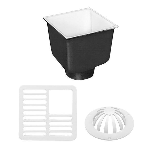A black Zurn floor sink with a white grate.