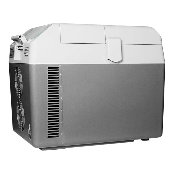 A grey and white Summit Appliance portable medical refrigerator and freezer.