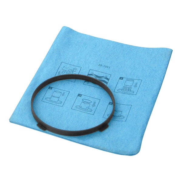 A blue cloth filter with a black circular ring.