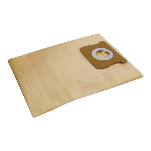 A brown paper Stanley disposable filter bag with a hole in it.