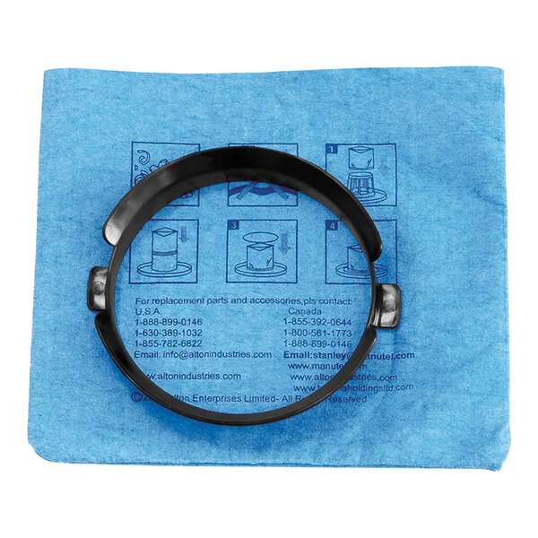 A blue cloth with a black ring on it.