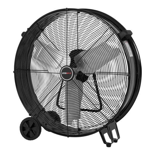 A large black Ecomax portable roll-around drum fan with wheels.
