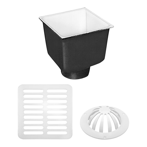 A black Zurn floor sink with a white full grate cover.