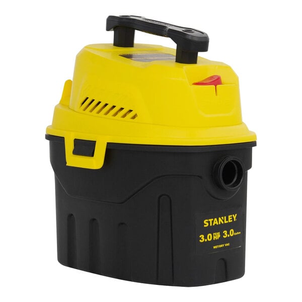 A black and yellow Stanley wet/dry vacuum cleaner.