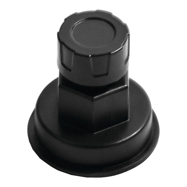 A black plastic hose adapter with a black cap.