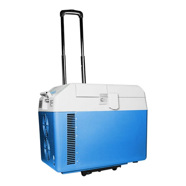 A blue and white Summit Appliance portable medical freezer with wheels.