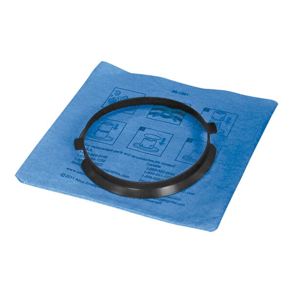 A blue cloth filter with a black ring on it.