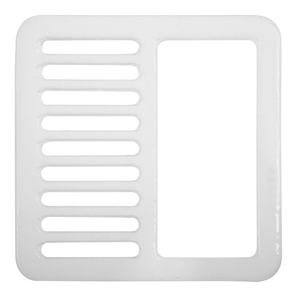 A white rectangular cast iron grate with a white border and holes.