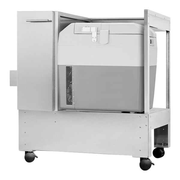 A grey and white Summit Appliance medical refrigerator and freezer on wheels with a door open.