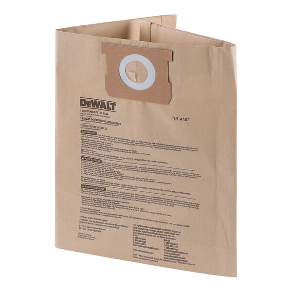 A brown paper DeWalt disposable filter bag with a white circle in it.