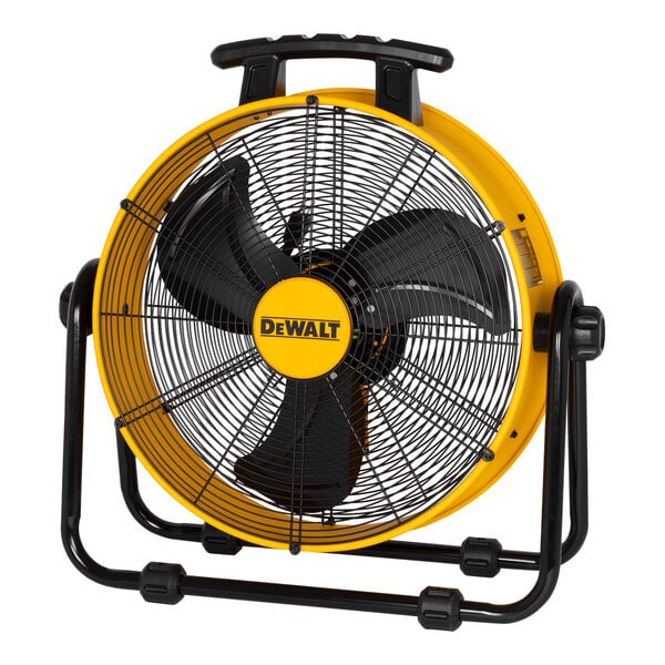 A yellow and black DeWalt industrial drum fan on a stand.