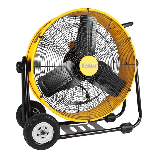 A yellow and black DeWalt portable industrial drum fan on wheels.