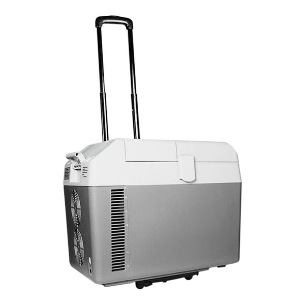 A grey and white Summit Appliance portable medical refrigerator/freezer on a collapsible trolley with wheels.