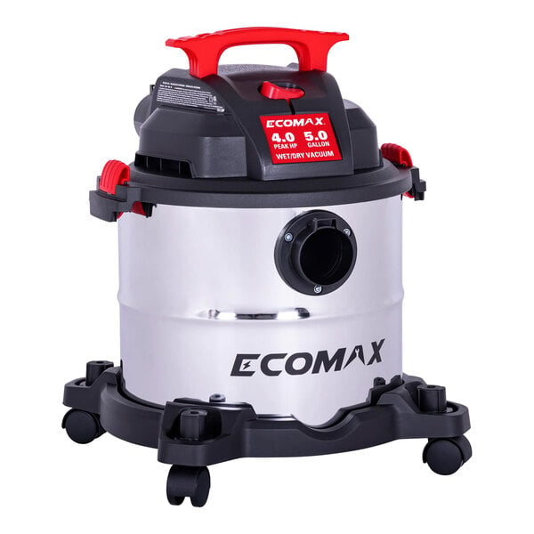 An Ecomax stainless steel wet vacuum on wheels.