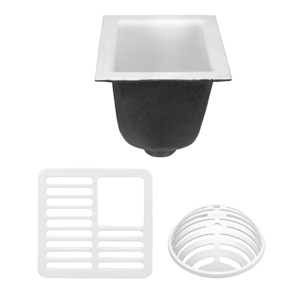 A Zurn floor sink with a white plastic square drain cover with holes.