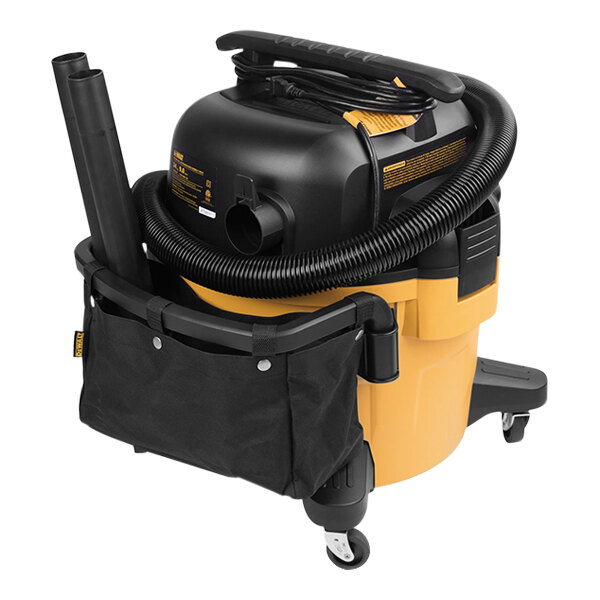 A black and yellow DeWalt wet / dry vacuum with a black bag on wheels.