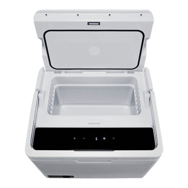 A white Summit Medical Refrigerator / Freezer with a black panel and open lid.