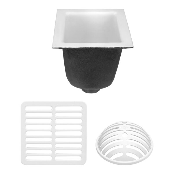 A white Zurn floor sink with a black square drain cover.