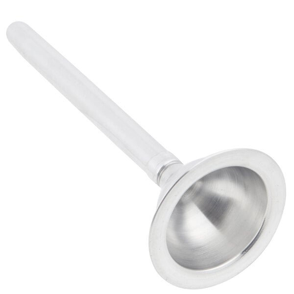 A silver funnel with a long handle.