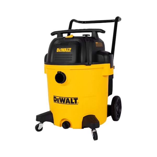 A yellow and black DeWalt wet/dry vacuum with tool kit and accessory storage bag.