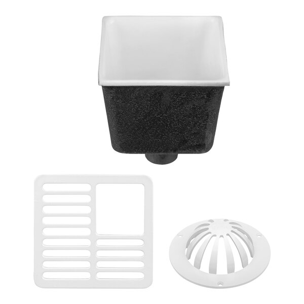 A black and white Zurn floor sink with drain and cover.