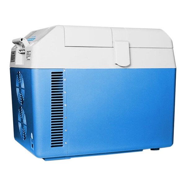 A blue and white Summit Appliance portable medical freezer.