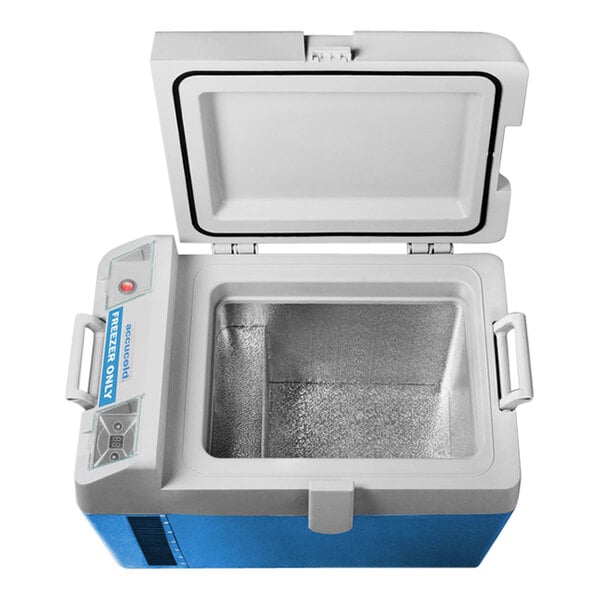 A white rectangular Summit Appliance medical freezer with blue and white accents and a lid open.