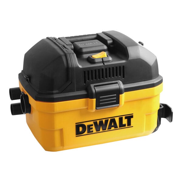 A DeWalt yellow and black wet/dry vacuum with tool kit.