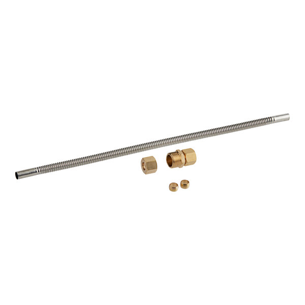 An Avantco water piping valve-to-spout assembly with brass fittings and nuts.