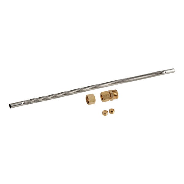 A metal tube with a brass nut and a brass bolt.