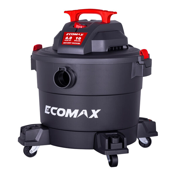 A black and red Ecomax wet/dry vacuum on wheels.