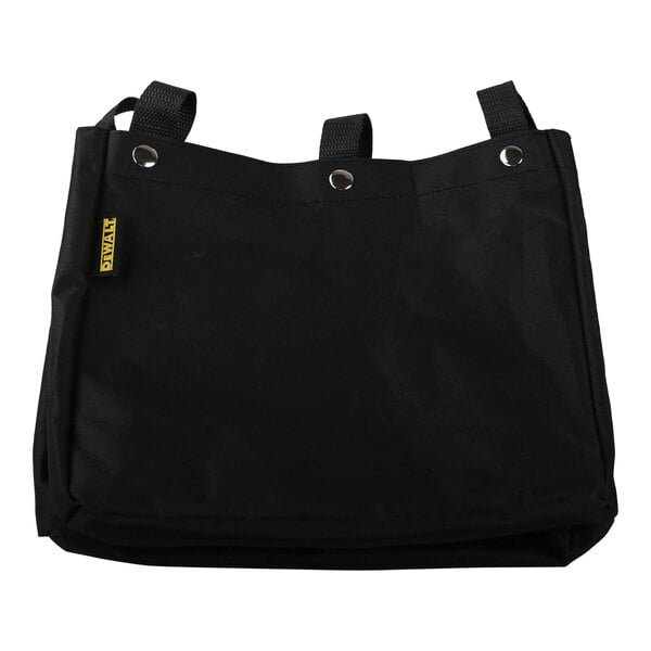A black DeWalt accessory storage bag with straps and a zipper.