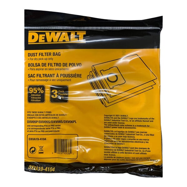 A yellow plastic bag with black text for DeWalt DXV series vacuum cleaners containing three disposable air filter bags.